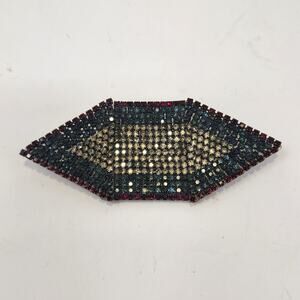 Roxanne Assoulin Geometric Brooch Pin Rhinestone Red Green Clear Art Deco Style